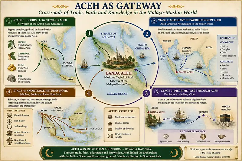 Diagram showing Aceh as a Malayo-Muslim maritime state with trade, pilgrimage and scholarly routes across the Indian Ocean