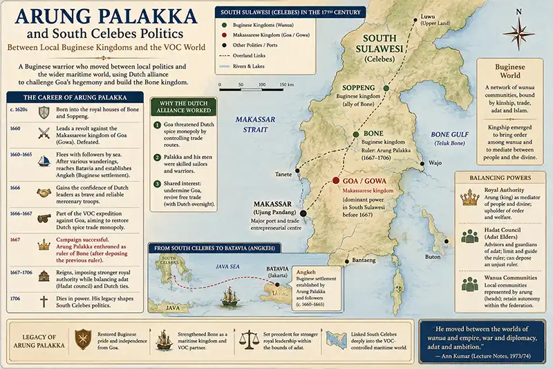 Map of South Sulawesi showing Bone, Soppeng, Goa or Gowa, Makassar and Batavia in relation to Arung Palakka's political career