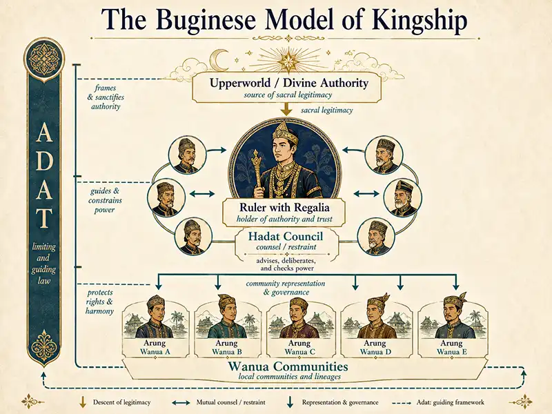 Diagram of Buginese kingship showing the ruler mediating between gods, people, Hadat council and wanua communities