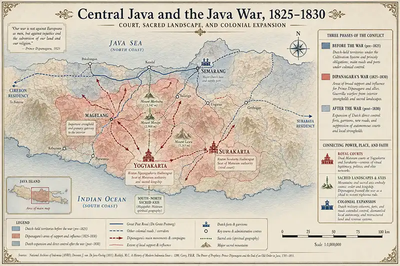 Map of central Java showing Yogyakarta, Surakarta, Dipanagara's areas of support, Dutch-held territories and the spread of the Java War between 1825 and 1830