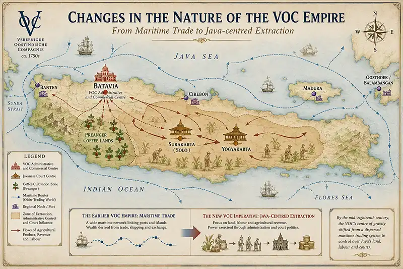 Map of eighteenth-century Java showing Batavia, the Preanger, Cirebon, Surakarta, Yogyakarta, Madura, Banten and the Oosthoek