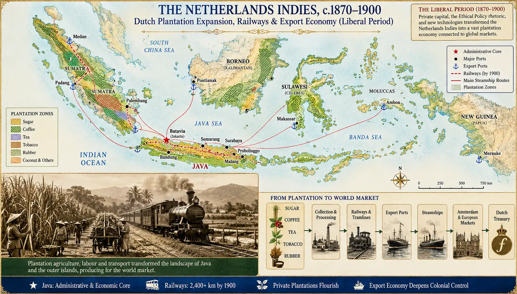 Map or historical image showing Dutch plantation expansion, railways and export agriculture in the Netherlands Indies during the Liberal Period