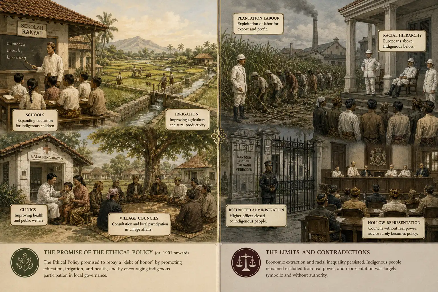 Historical or conceptual image showing education, councils, irrigation, village welfare and Dutch colonial administration under the Ethical Policy in the Netherlands Indies