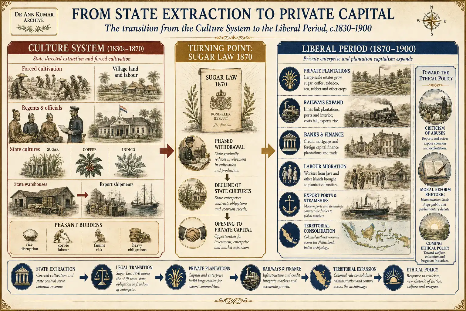Diagram showing the transition from the Culture System to Liberal Period private enterprise, plantation capitalism and territorial expansion
