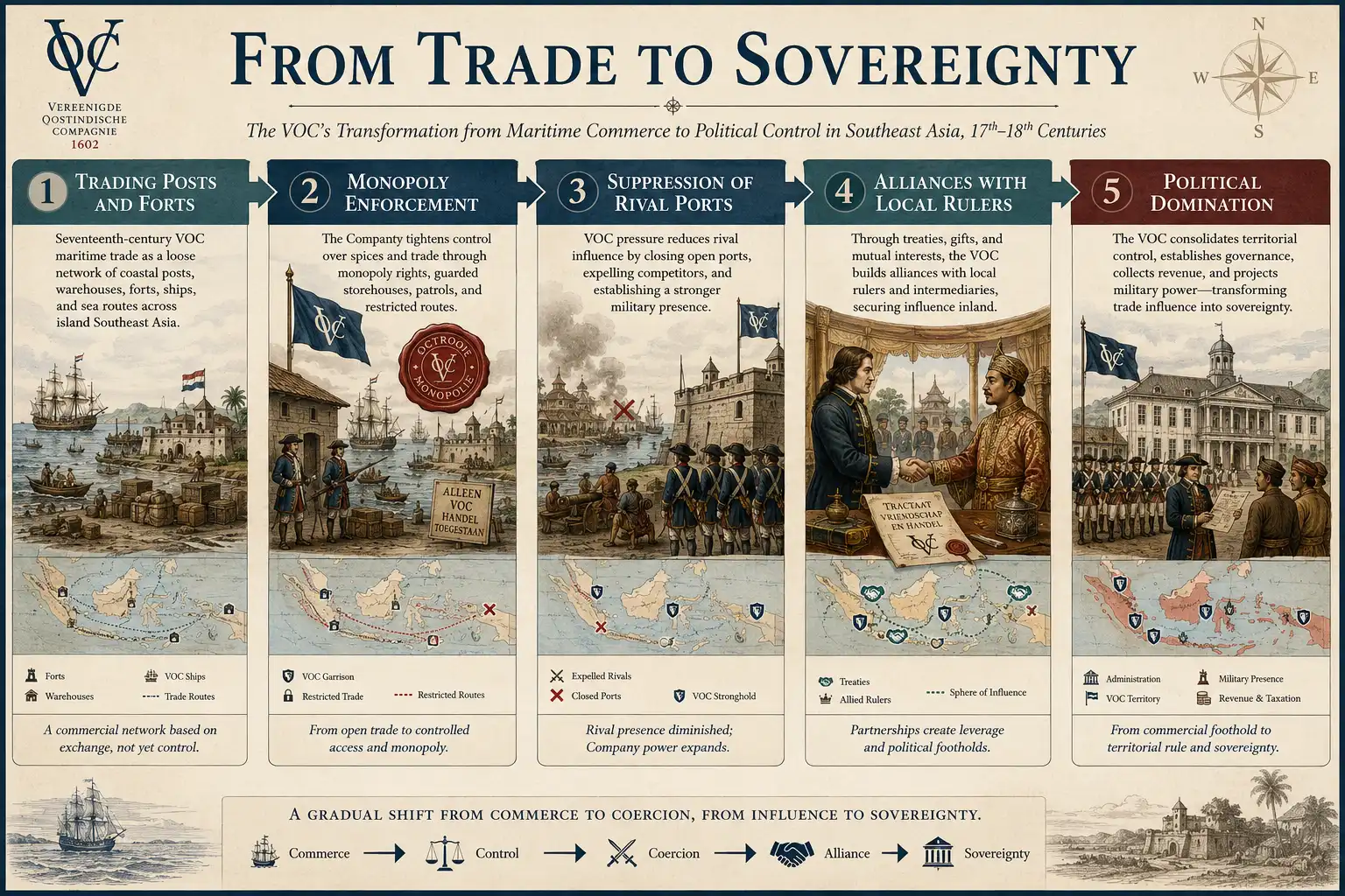 Diagram showing the movement from VOC trading posts to monopoly enforcement and political intervention in seventeenth-century Indonesia