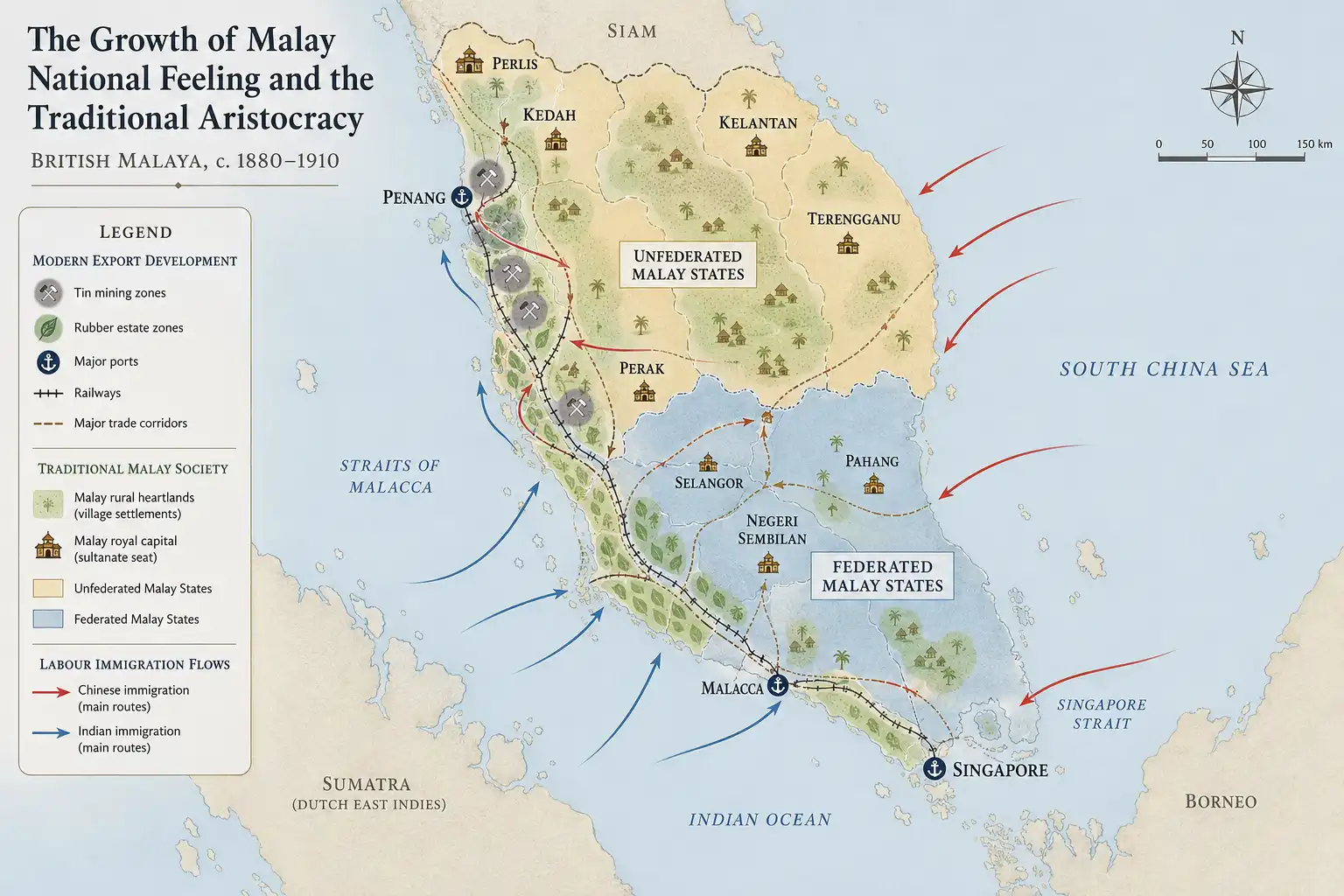Map of British Malaya showing the Federated Malay States, Unfederated Malay States, Singapore, Penang and major areas of tin, rubber, Malay settlement and immigrant labour
