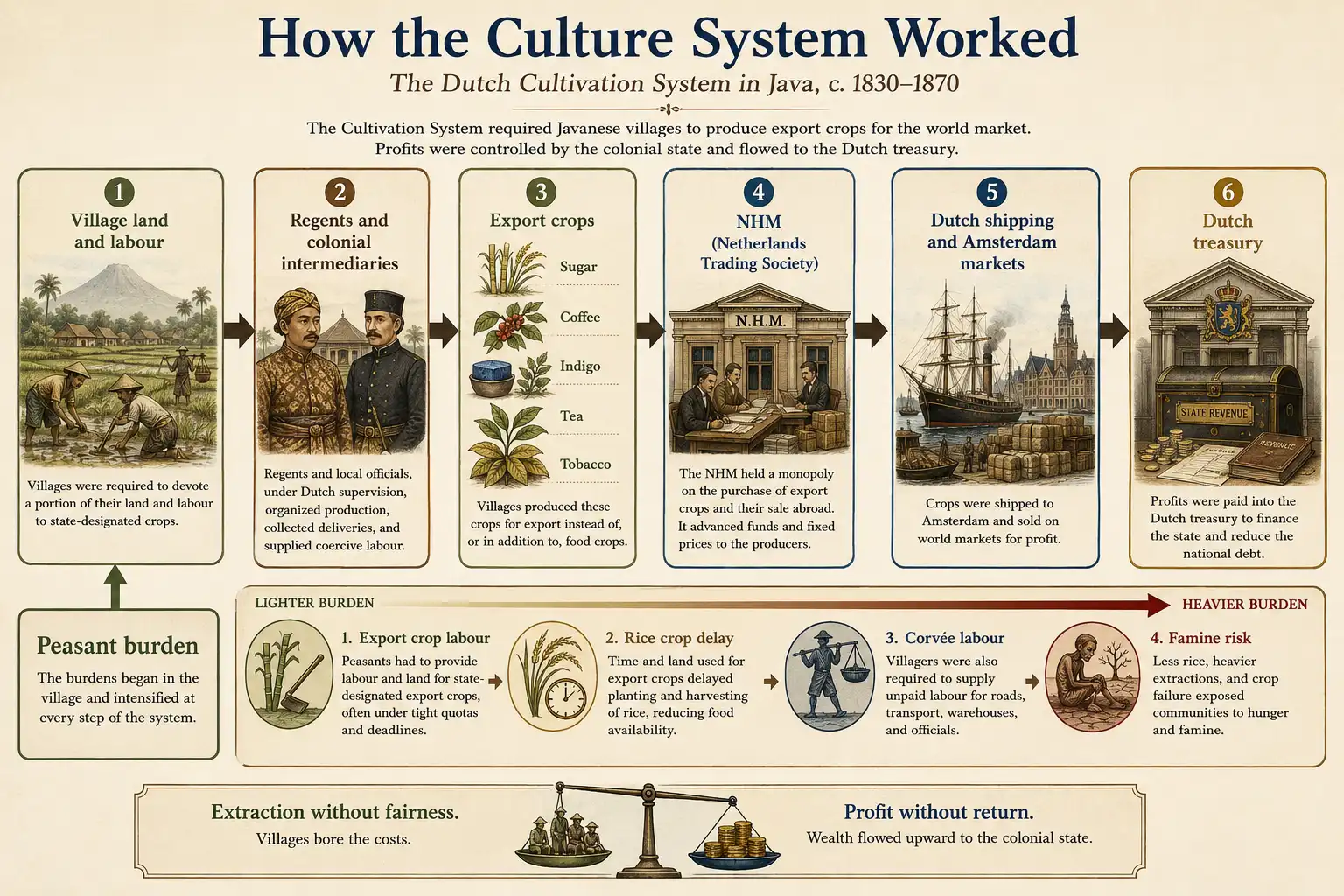 Flow diagram showing how the Cultivation System moved Javanese land and labour through regents and the NHM into Dutch export revenue