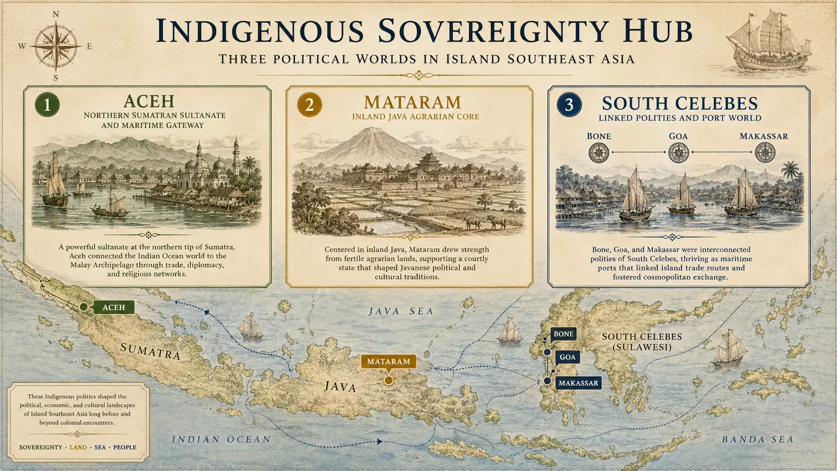 Visual showing Mataram, Aceh and South Celebes as distinct Southeast Asian political worlds.