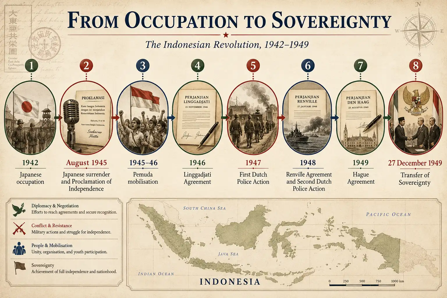 Timeline diagram of the Indonesian Revolution from Japanese surrender and the 1945 proclamation to Linggadjati, Renville, Dutch Police Actions, Hague Agreement and sovereignty in 1949