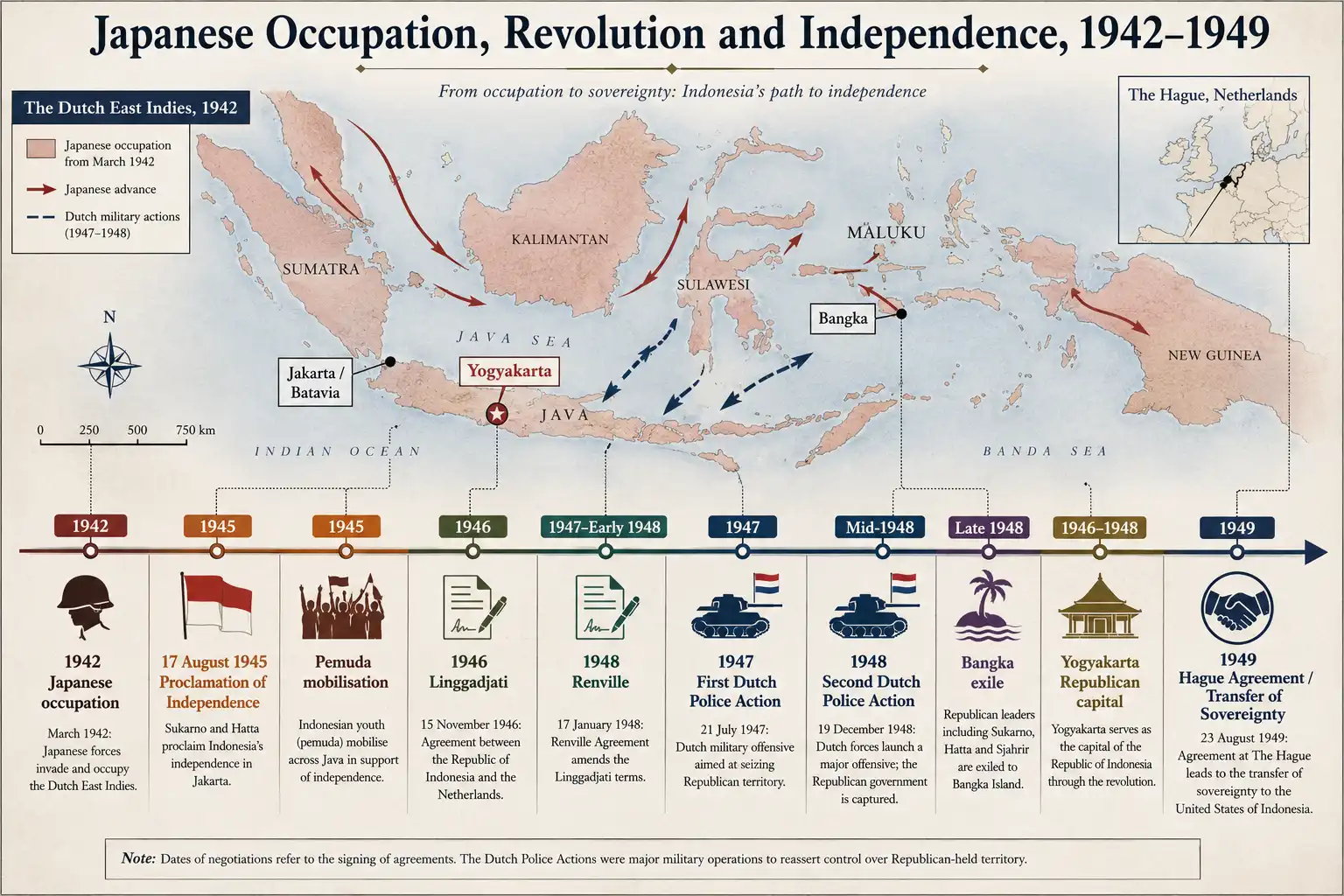 Timeline map of Indonesia from the Japanese occupation in 1942 to the proclamation of independence in 1945 and Dutch transfer of sovereignty in 1949