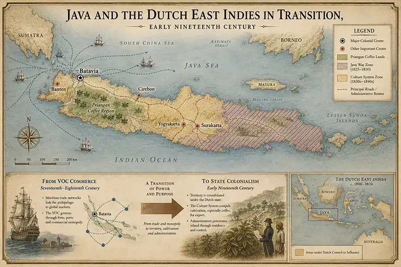 Map of Java and the Dutch East Indies in the early nineteenth century showing Batavia, Banten, Cirebon, Yogyakarta, Surakarta, Priangan and areas affected by the Java War and Culture System