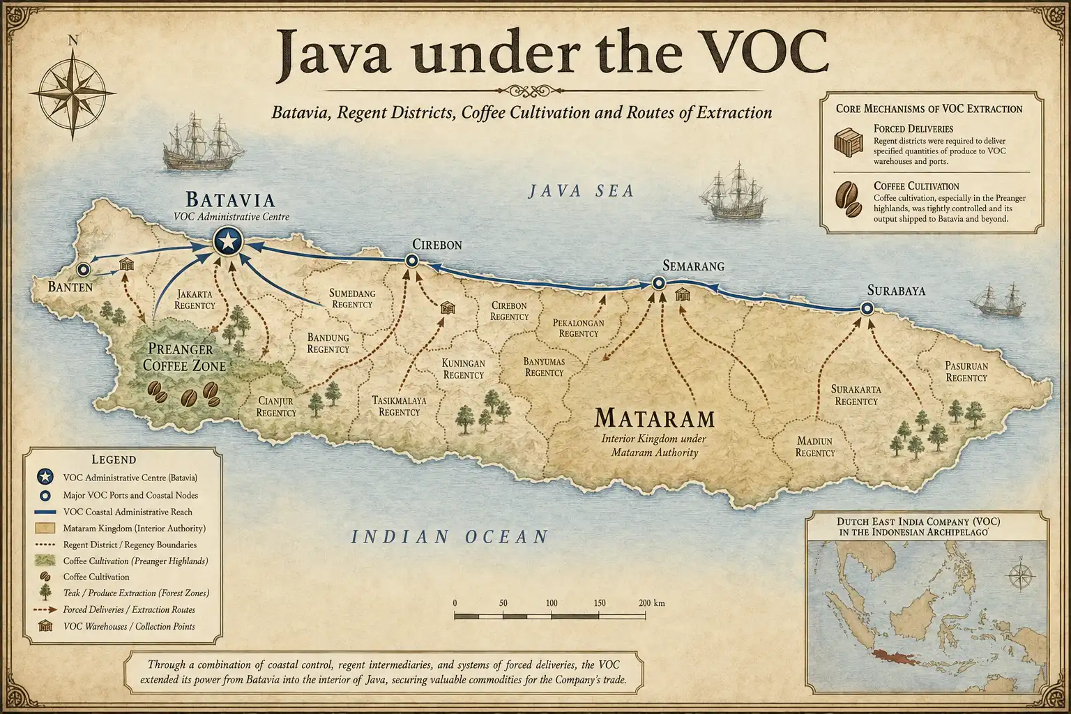 Conceptual map of Java under the VOC showing Batavia, regencies, forced deliveries, coffee cultivation in the Preanger and routes of commodity extraction