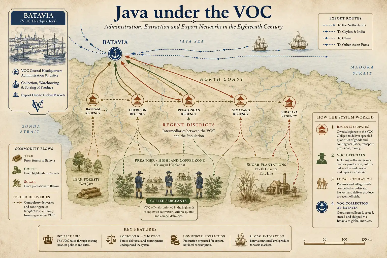 Diagram of Java under the VOC showing Batavia, regents, coffee-sergeants, forced deliveries, contingencies and commodity flows