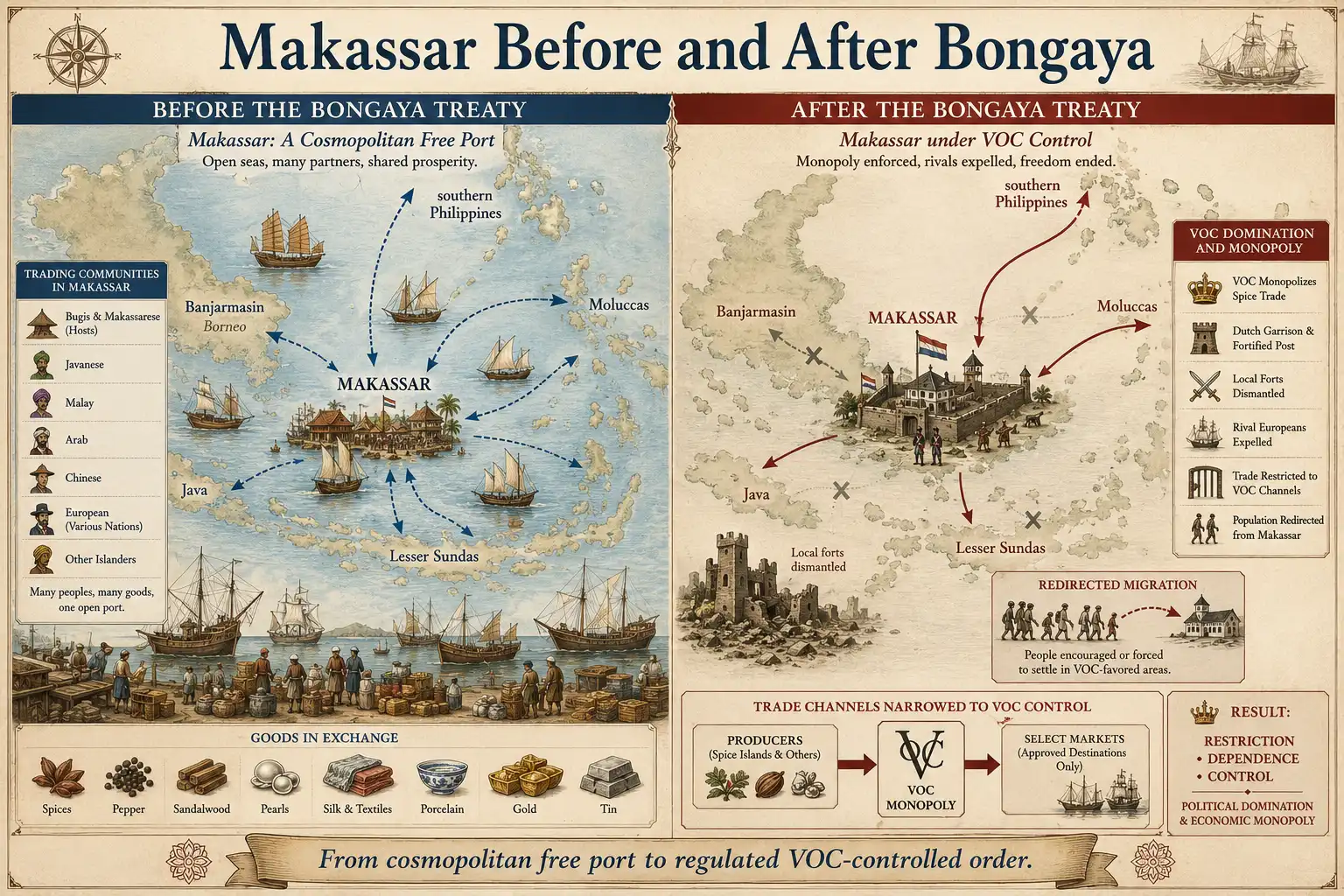 Diagram showing Makassar as a free port linking the Moluccas, Java, Banjarmasin, the Lesser Sundas and southern Philippines before the Bongaya Treaty