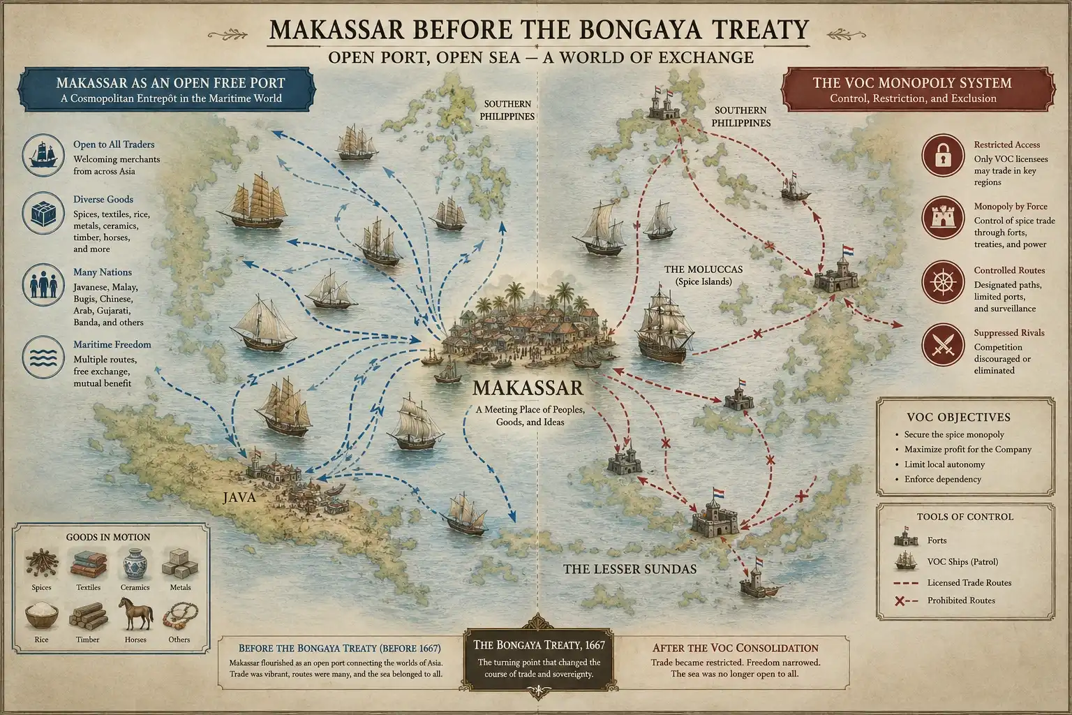 Conceptual map or maritime visual showing Makassar as a free port and the VOC campaign leading to the Bongaya Treaty