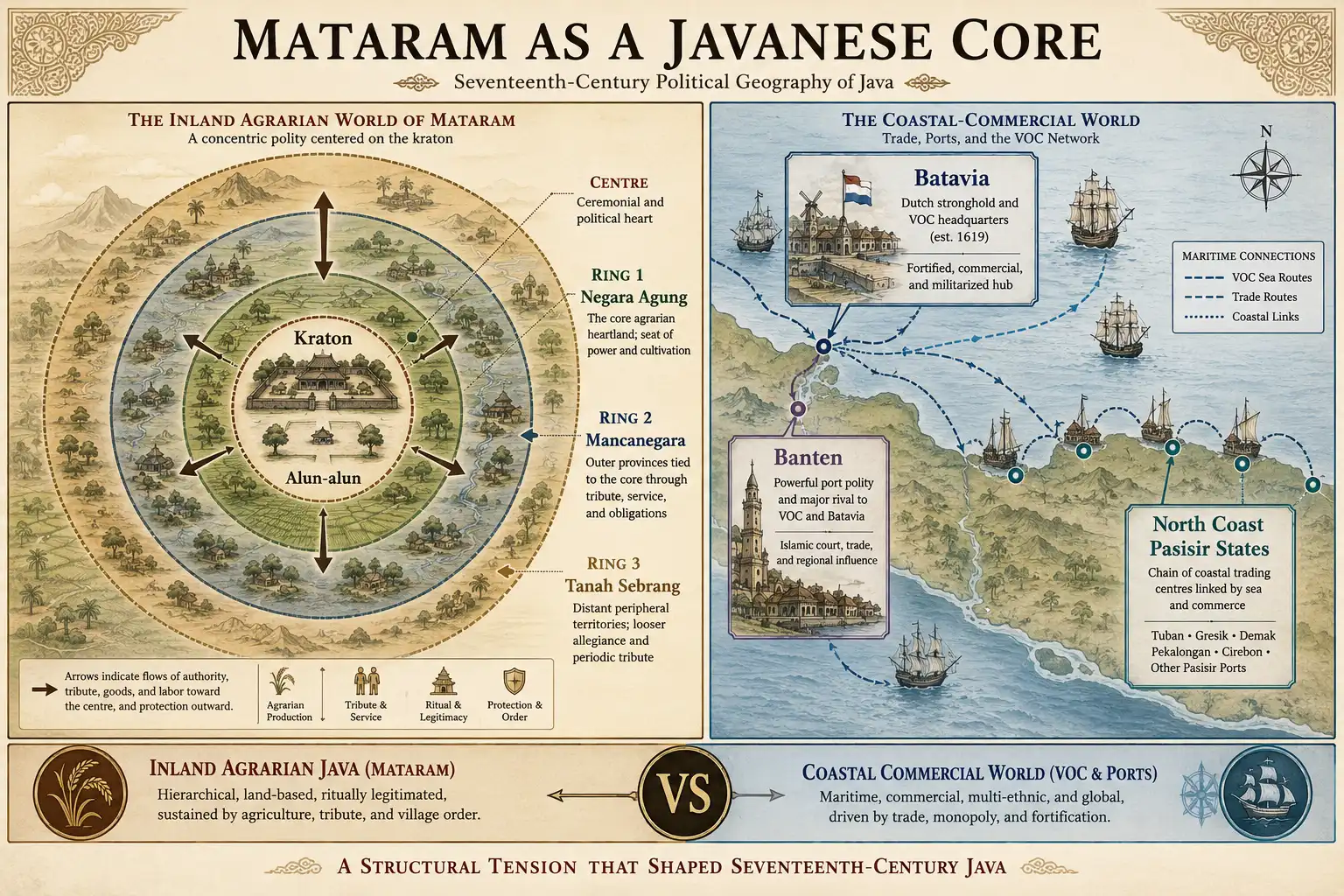Diagram showing Mataram's kraton, negara agung, mancanegara and tanah sebrang alongside Dutch Batavia and the north coast