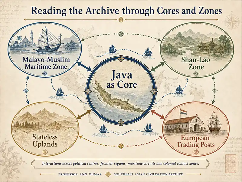 Diagram showing Southeast Asian cores, maritime zones and stateless societies as a non-linear framework for the Ann Kumar archive