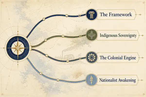 Four connected pathways in the Dr Ann Kumar Digital Archive labelled The Framework, Indigenous Sovereignty, The Colonial Engine and Nationalist Awakening