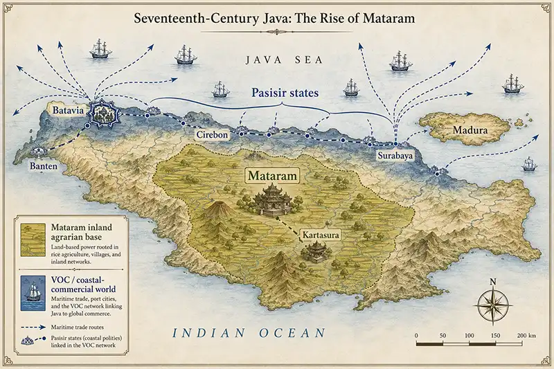 Map of seventeenth-century Java showing Mataram, Batavia, Banten, Cirebon, Surabaya, Madura, Kartasura and the north coast pasisir states