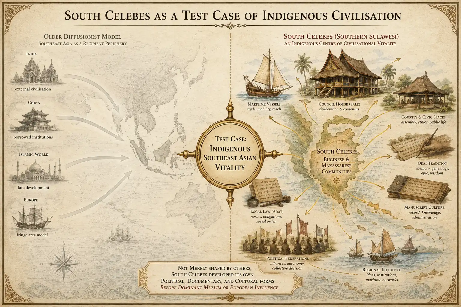 Conceptual diagram contrasting the older diffusionist model of Southeast Asian civilisation with South Celebes as an indigenous centre of Buginese and Makassarese political, maritime and documentary vitality