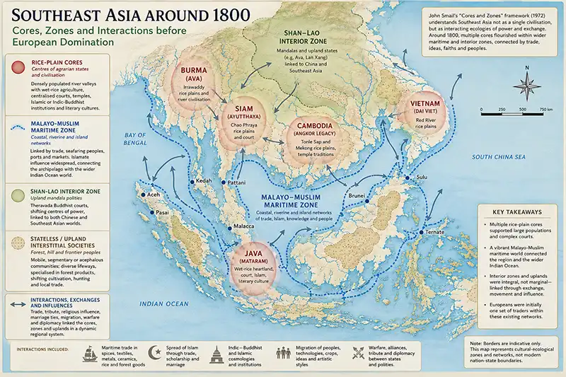 Conceptual map of Southeast Asian cores and zones around 1800 showing rice-plain cores, maritime zones and stateless upland societies