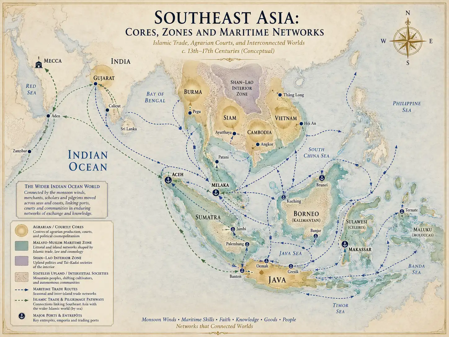  A conceptual map of Southeast Asia showing Indonesian cores and zones, maritime routes, Islamic trade and pilgrimage pathways, and the wider Indian Ocean0