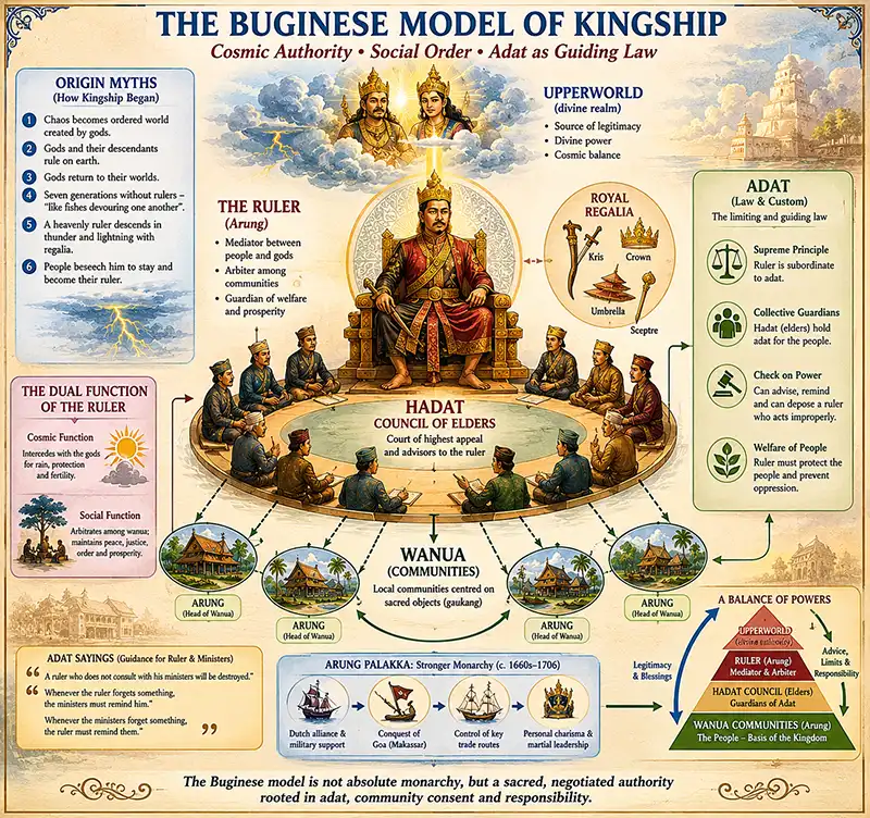 Conceptual image of Buginese kingship showing South Sulawesi, royal regalia, councils, wanua communities and sacred authority