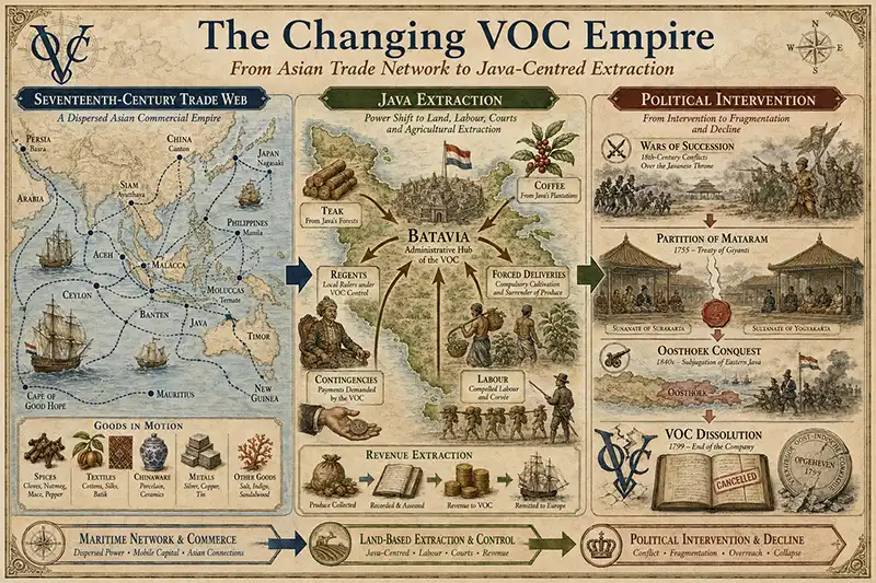 Diagram showing the VOC shift from Asian trade network to Java-centred extraction, forced deliveries, contingencies and political intervention