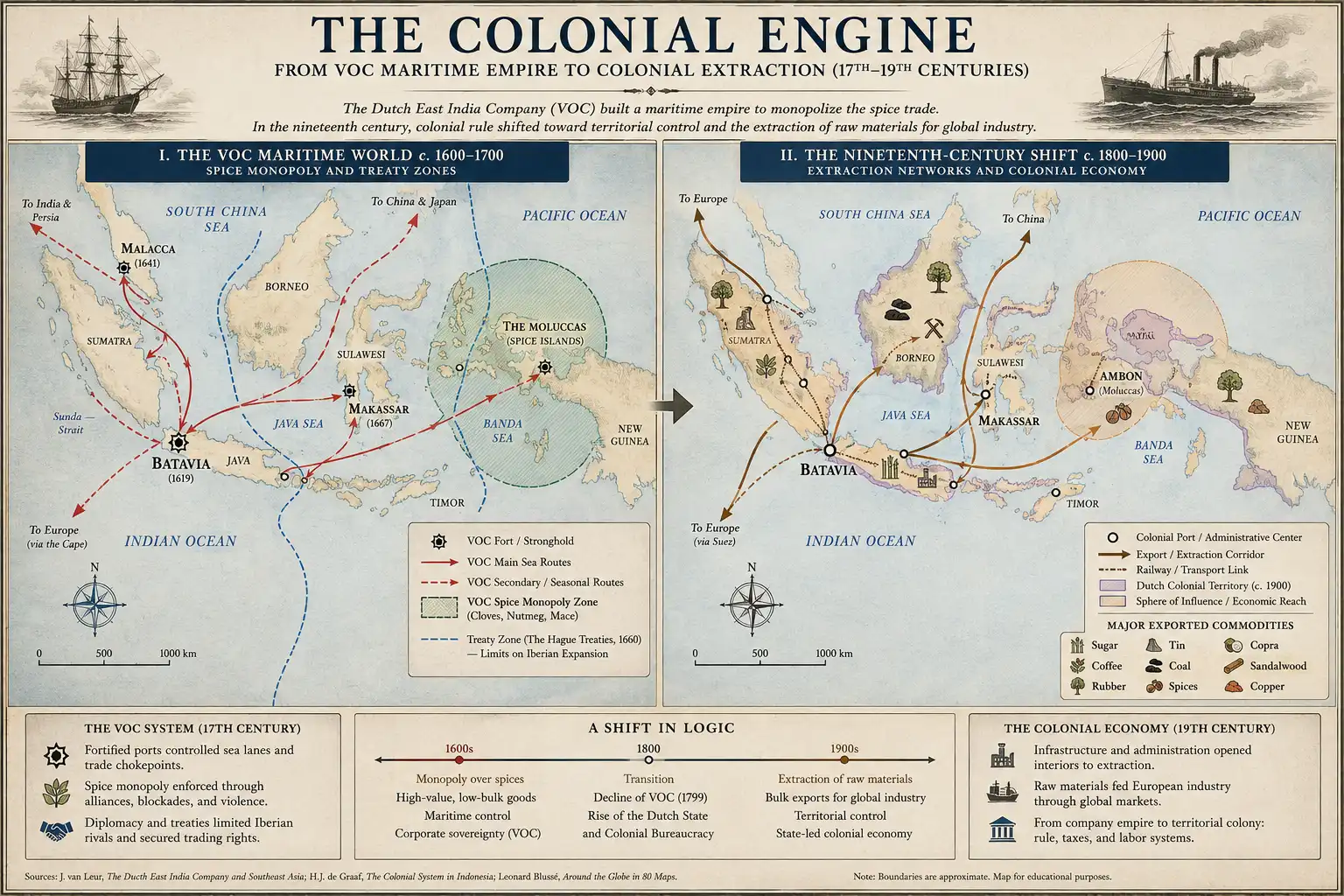Visual showing VOC trade routes, Batavia, the Moluccas, Makassar, Java and colonial extraction networks.