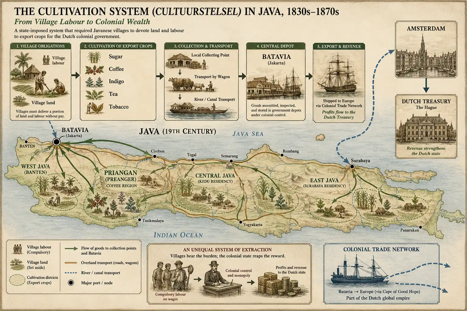 diagram of Java under the Cultivation System showing export crops such as sugar, coffee, indigo, tea and tobacco flowing from villages to Dutch colonial trade networks