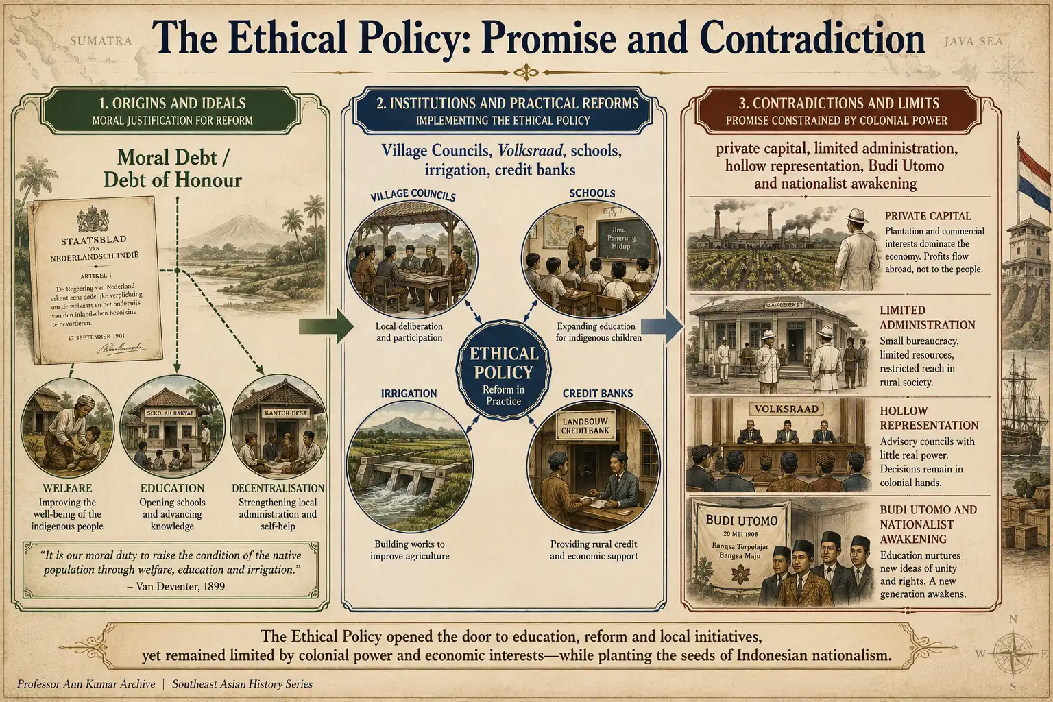 Diagram showing the Ethical Policy moving from moral debt to welfare reform, education, councils and nationalist awakening, while constrained by colonial control and private capital