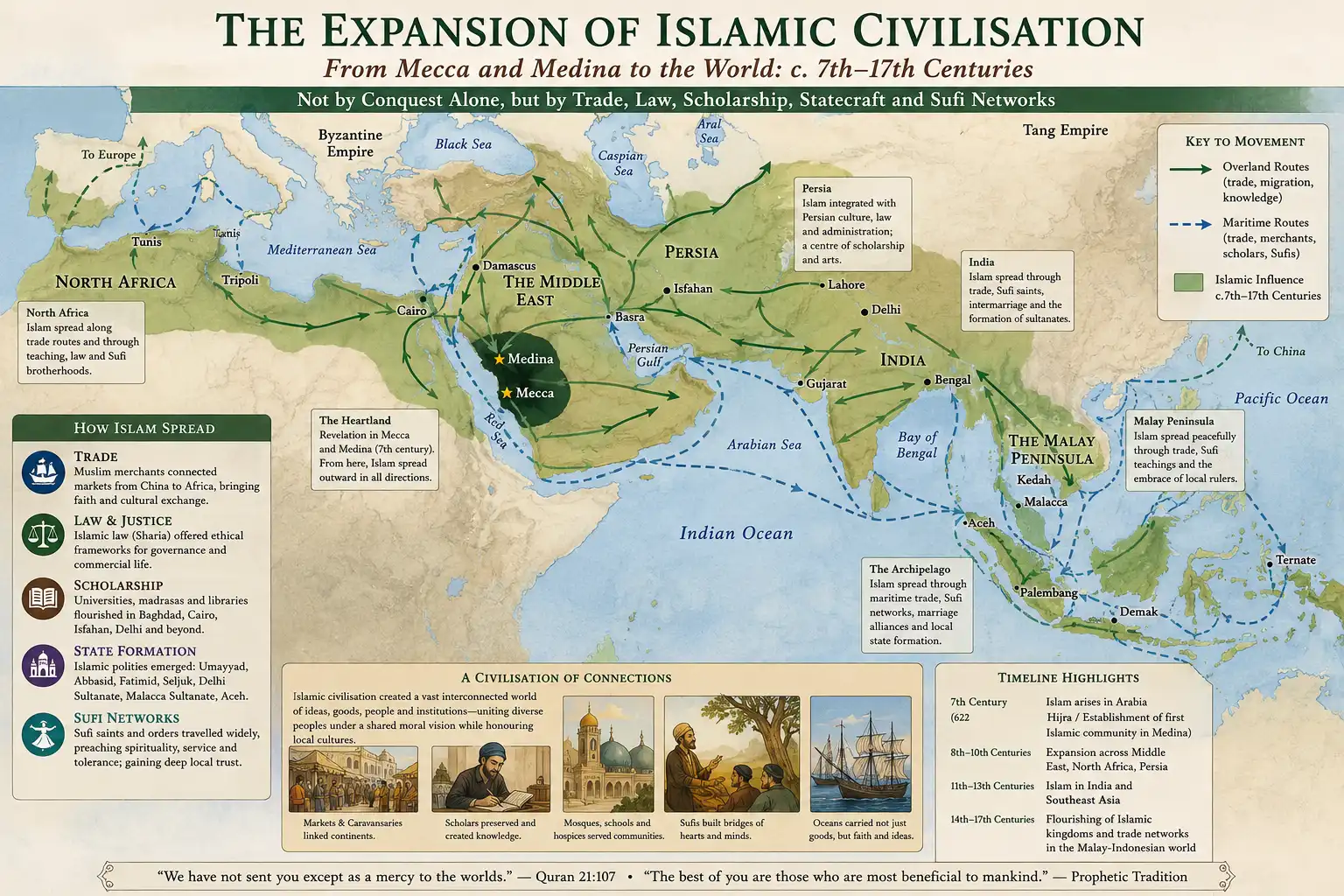 Map of the historical expansion of Islam from Arabia across North Africa, Persia, India, the Malay Peninsula and the Indonesian archipelago