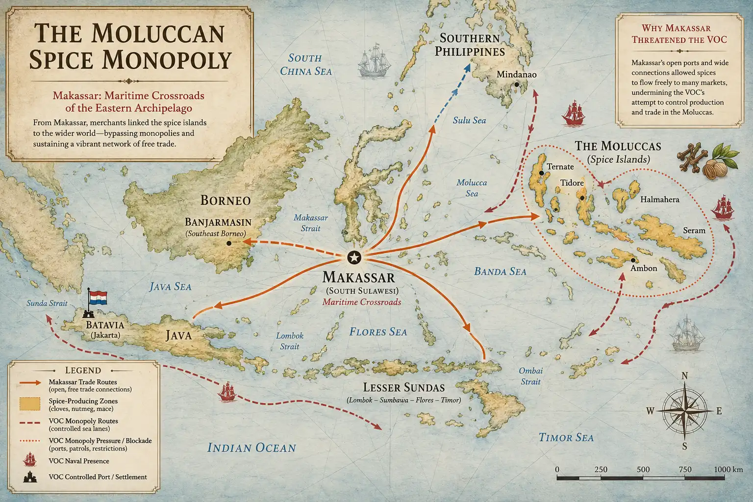 Historical map or maritime trade map showing Makassar, the Moluccas, Java, Banjarmasin, the Lesser Sundas and the southern Philippines
