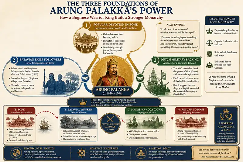 Diagram showing Arung Palakka's route from Bone and revolt against Goa to exile in Batavia and return with Dutch support