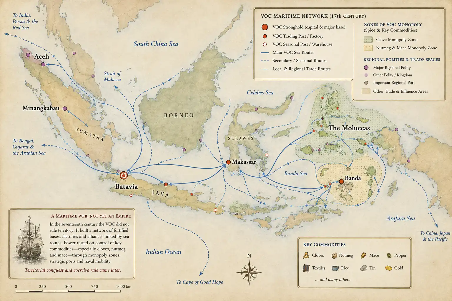 Map-style visual of VOC maritime routes, trading posts and monopoly zones across seventeenth-century island Southeast Asia